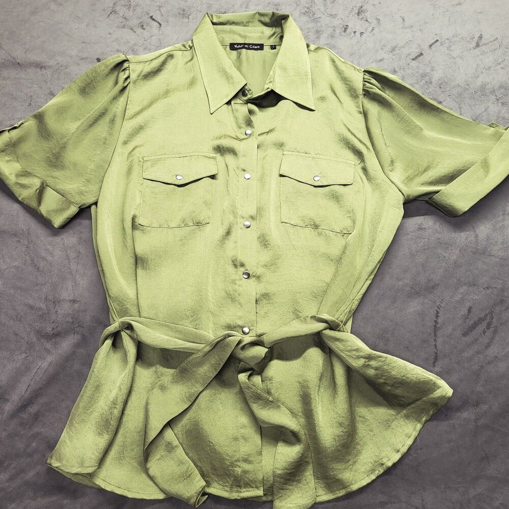 Violet and Claire  Women’s Blouse Large  Green Tie Waist Short Sleeve